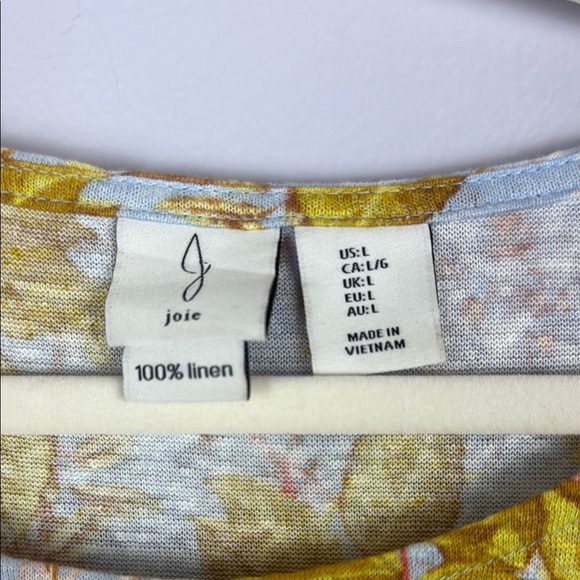 Joie 100% Linen Pink White and Blue Cap Sleeve Floral T-Shirt Size Large - Picture 3 of 8